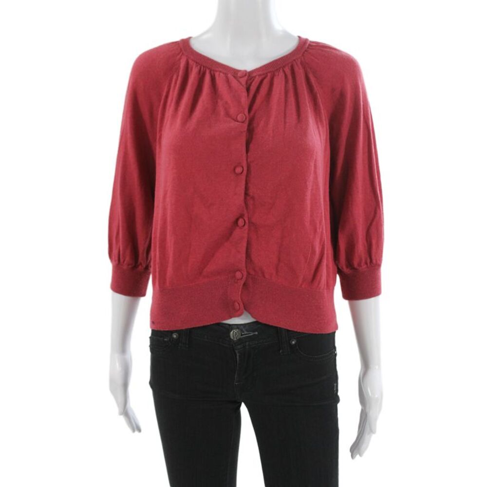 CO Women Cardigan Red Silk Blend Round Neck 3/4 Sleeve Classic Size M